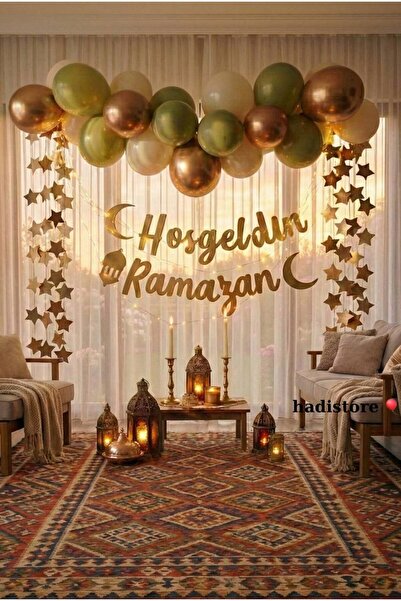 Saatistan Ramazan Temalı Süsleme Seti, Gold Banner ve Balon Zinciri, Dekorasy...
