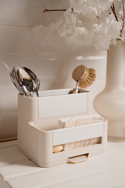 Dekorzdükkan Cream Aluminum Spoon Holder with Detailed Water Container (18X14Cm)