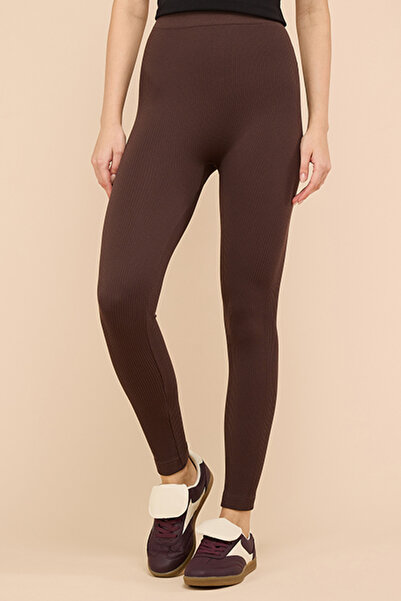 R&B Women's Brown Solid Leggings with Elastic Waist