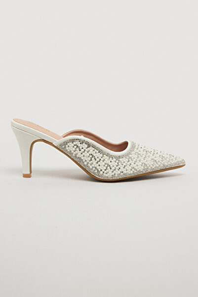 R&B Women's White Embellished Mule Pumps