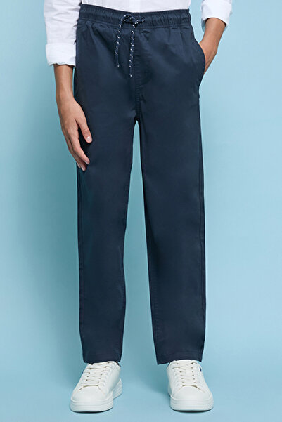 R&B Boy's Dark blue Solid Straight Fit Pants with Drawstring Waist