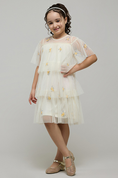 R&B Girl's Beige Embroidered Layered Dress with Crew Neck and Flutter Sleeves