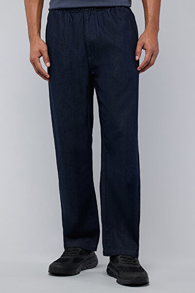 R&B بنطلون جينز رجالي أزرق داكن سادة بقصة مستقيمة وخصر مطاطي