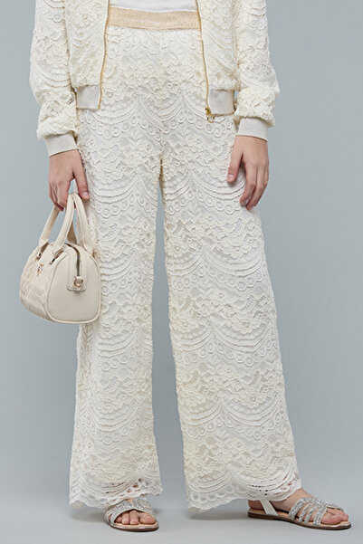 R&B Girl's Cream Laced Wide Leg Pants with Elastic Waist