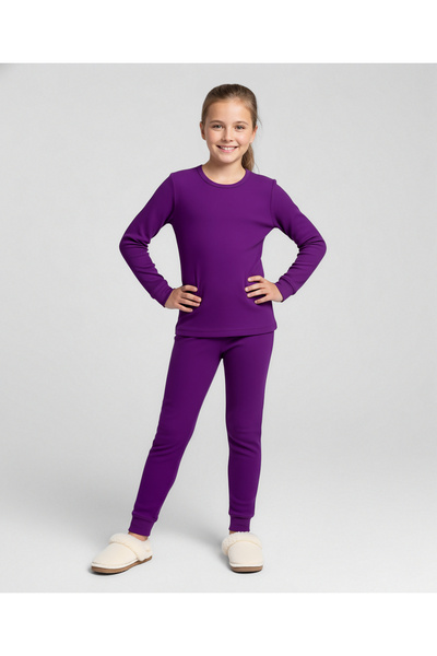 Pine kids Knit Full Sleeves Solid Thermal Set - Imperial Purple