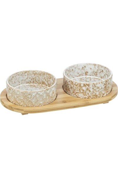 Trixie Set de 2 boluri ceramice cu suport din bambus