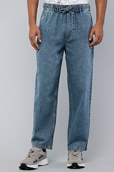 R&B Men's Blue Washed Straight Fit Jeans with Elastic Waist