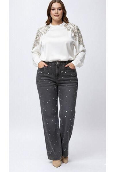 nd jeans Blugi Premium Mărime Mare, cu picior larg, talie înaltă, cu detalii ...