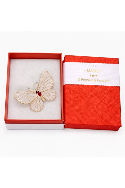 OEM Broșă Fluture Auriu cu Cristal Roșu – Mărțișor – Accesoriu de Primăvară