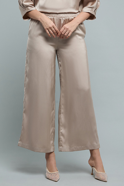 R&B Women's Ecru Solid Wide Leg Pants with Elastic Waist