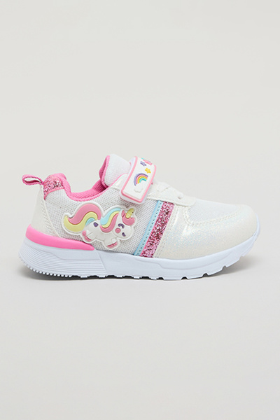 R&B حذاء رياضي أبيض للبنات مزين بتطريز يونيكورن مع شريط لاصق