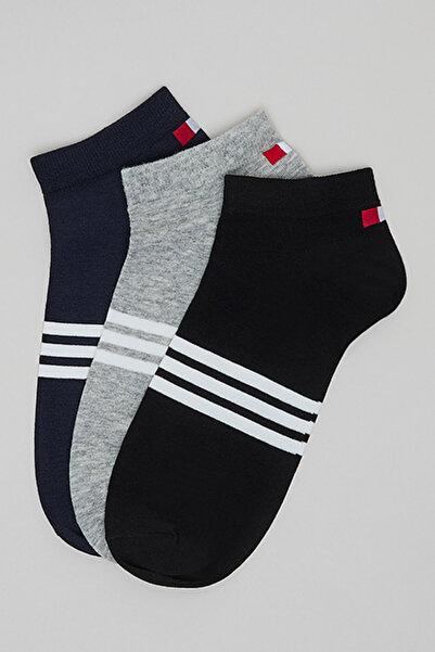 R&B Men's Gray 3 Pack Striped Ankle Socks