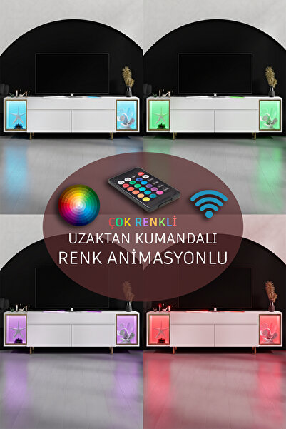 Modatte ZENİTH TV ÜNİTESİ RGB LED IŞIKLI GOLD DEMİR AYAKLI RAFLI DOLAPLI BEYAZ TV SEHPASI
