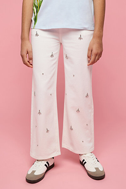 R&B Girl's White Embellished Wide Leg Pants with Button Closure