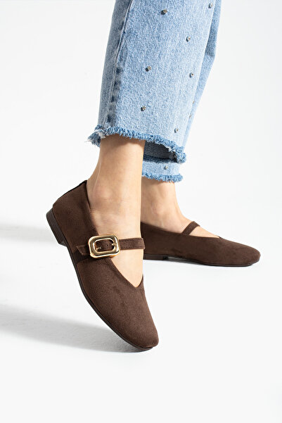 Gökçe Shoes Zenia Kahve Süet Toka Detay Kemerli Kadın Babet Ayakkabı
