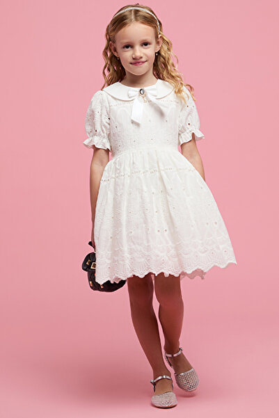 R&B Girl's Cream Embroidered Dress with Peter Pan Collar and Puff Sleeves