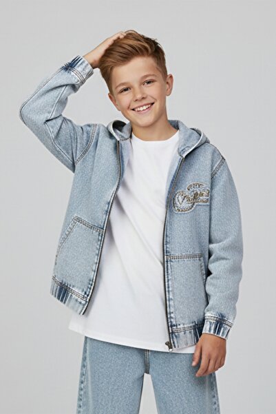 DMB BOYS & GIRLS Jachetă din denim pentru băieți, cu glugă și litere în relief