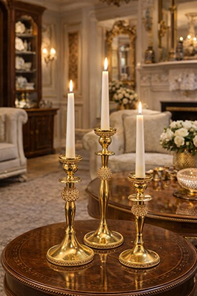 Kadim Vizyon İthal Pirinç Taşlı 3 Boy Şamdan 15cm-21cm-28cm