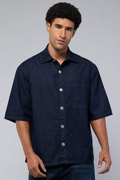 R&B Men's Dark blue Solid Denim Shirt with Classic Collar and Short Sleeves