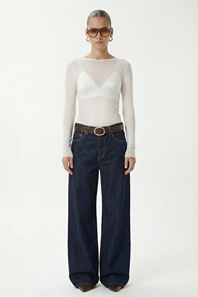 Ritnice Women's Scarlet Semi-Transparent Boat Neck Ultra Light Ecru Knitted B...