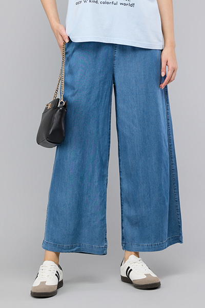 R&B بنطلون جينز نسائي أزرق فاتح واسع الساقين بخصر مطاطي