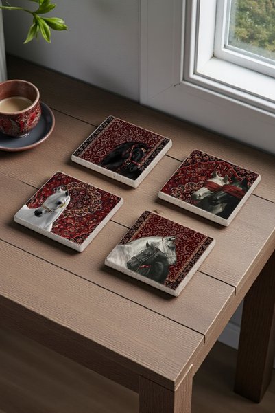Baumatelier Vintage Carpet and Rug Themed Horse Figure Natural Stone Travertine Coasters Set of 4