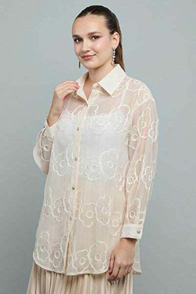 R&B Women's Ecru Embroidered Organza Shirt with Classic Collar and Long Sleeves