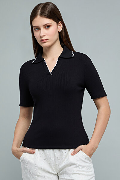 R&B Women's Black Ribbed Polo T-Shirt with Short Sleeves