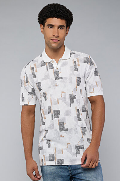 R&B Men's Cream Patterned Polo T-Shirt with Short Sleeves
