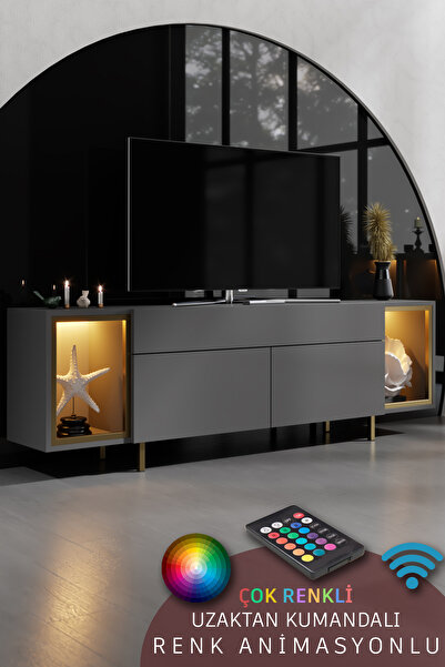 Modatte ZENİTH TV ÜNİTESİ RGB LED IŞIKLI GOLD DEMİR AYAKLI RAFLI DOLAPLI ANTR...