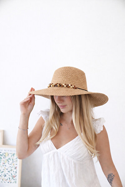 Zoe3 Style Women's Angl Brown - Beige Brown Bead Detailed Straw Hat