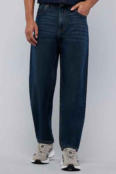 R&B Men's Dark blue Washed Barrel Fit Jeans with Button Closure