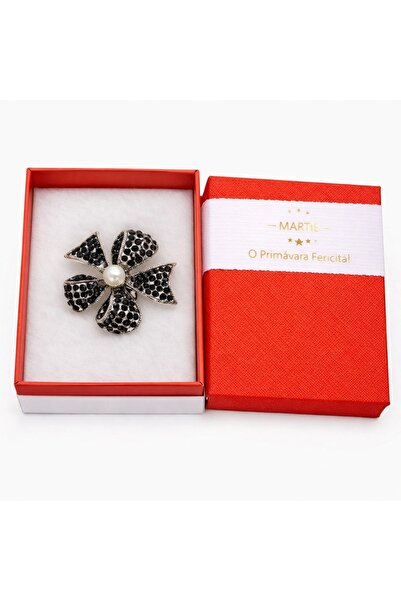 OEM Broșă Floare cu Cristale Negre și Perlă Centrală – Mărțișor – Accesoriu d...