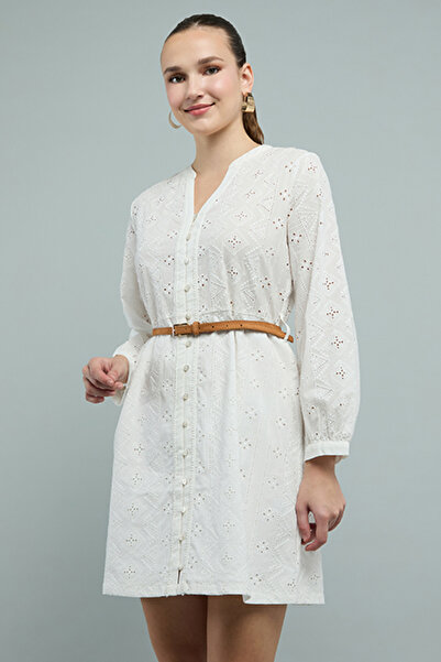 R&B Women's Cream Schiffli Tunic with Stand Collar and Puff Sleeves