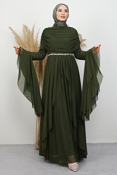 GİYZAMİLA Livya Tulle Evening Dress Khaki