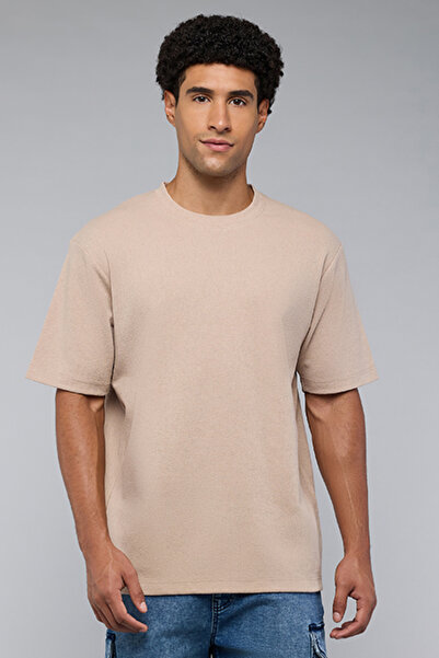 R&B Men's Beige Textured T-Shirt with Crew Neck and Short Sleeves