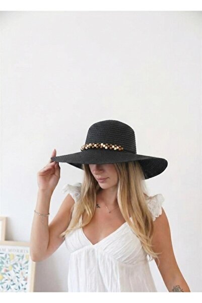 Zoe3 Style Women's Angl Black - Beige Brown Bead Detailed Straw Hat