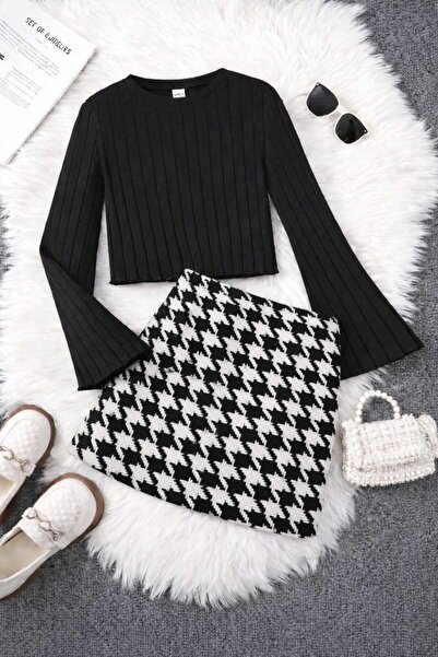 CINARIUM Kız Çocuk Ekose Kumaş Crop Bayramlık Gezmelik Şık Takım dar kalıp 1 ...