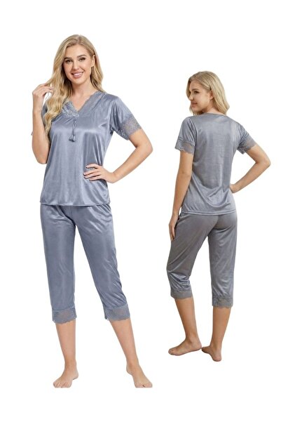 Comfort Women Silver Grey Satin Capri Pajama Set with Lace Trim Top Pants
