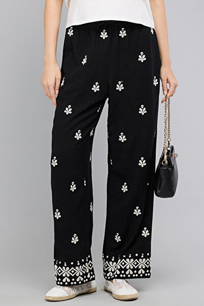 R&B Women's Black Embroidered Wide Leg Pants with Drawstring Waist