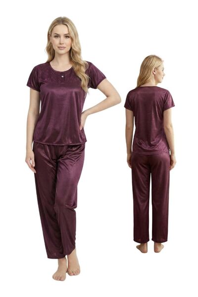 Comfort طقم بيجاما نسائي أنيق ومريح بأكمام قصيرة من الساتان بلون خمري.