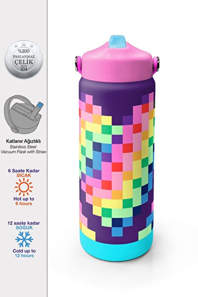 Coral High Çok Renkli Piksel Kalp Desenli Katlanır Ağızlıklı Çelik Termos 650...