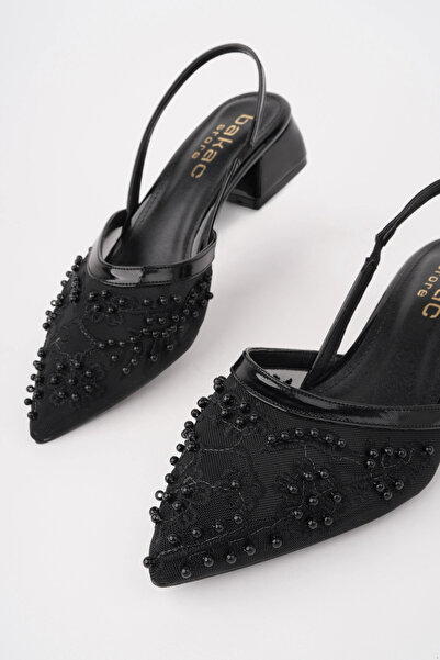 bakacstore حذاء نسائي أسود مطرز ومزين بالخرز بكعب عالي