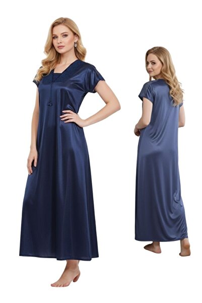 Comfort Women Navy Blue Satin Maxi Nightgown Luxury Soft Flow Nightwear