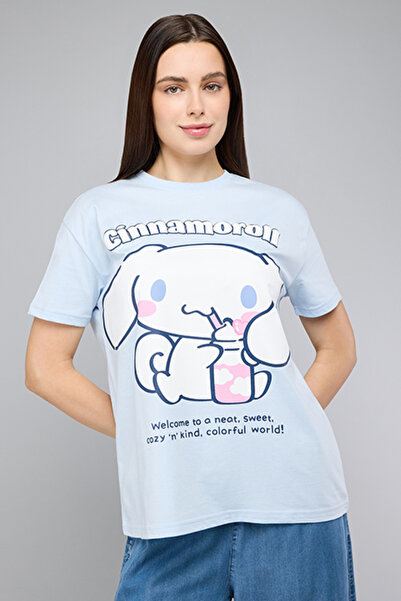 R&B تيشيرت نسائي أزرق مطبوع عليه صورة سينامورول، بياقة دائرية وأكمام قصيرة