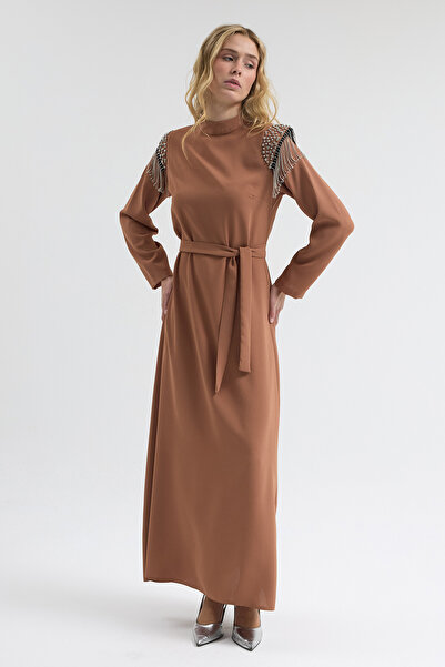 VAVİNOR Omuz Taş Detaylı Elbise - Camel