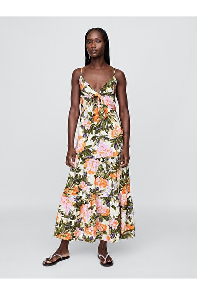 GAP Kadın Çiçek Desenli Bağcıklı Ön Detaylı Katmanlı Maxi Elbise