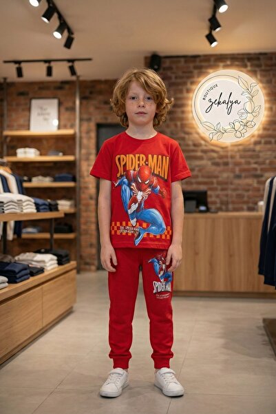 SPIDERMAN Момчешки червен спортен екип с принт на Спайдър-Мен, 2-слоен памуче...