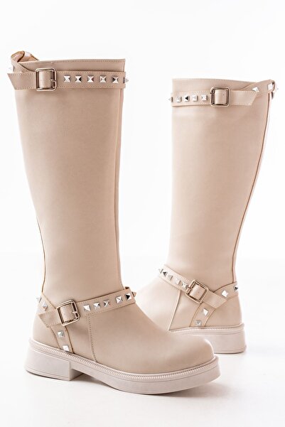 Zerenyus Exi̇n-02-307 Premium Beige Flat Heeled Daily Women's Riding Boots