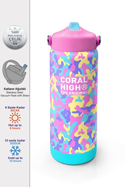 Coral High Pembe Sarı Lavanta Kamuflaj Desenli Katlanır Ağızlıklı Çelik Termo...